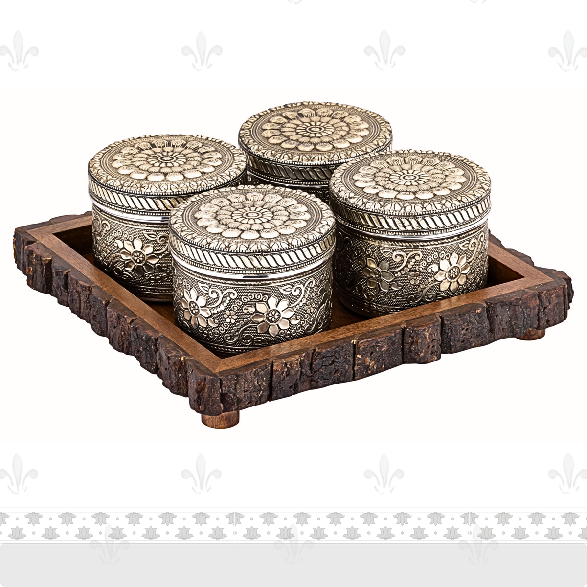 Retro Container Set | 4 Stainless Steel Jars (500ml Each) with Wooden Tray | Gifting Set