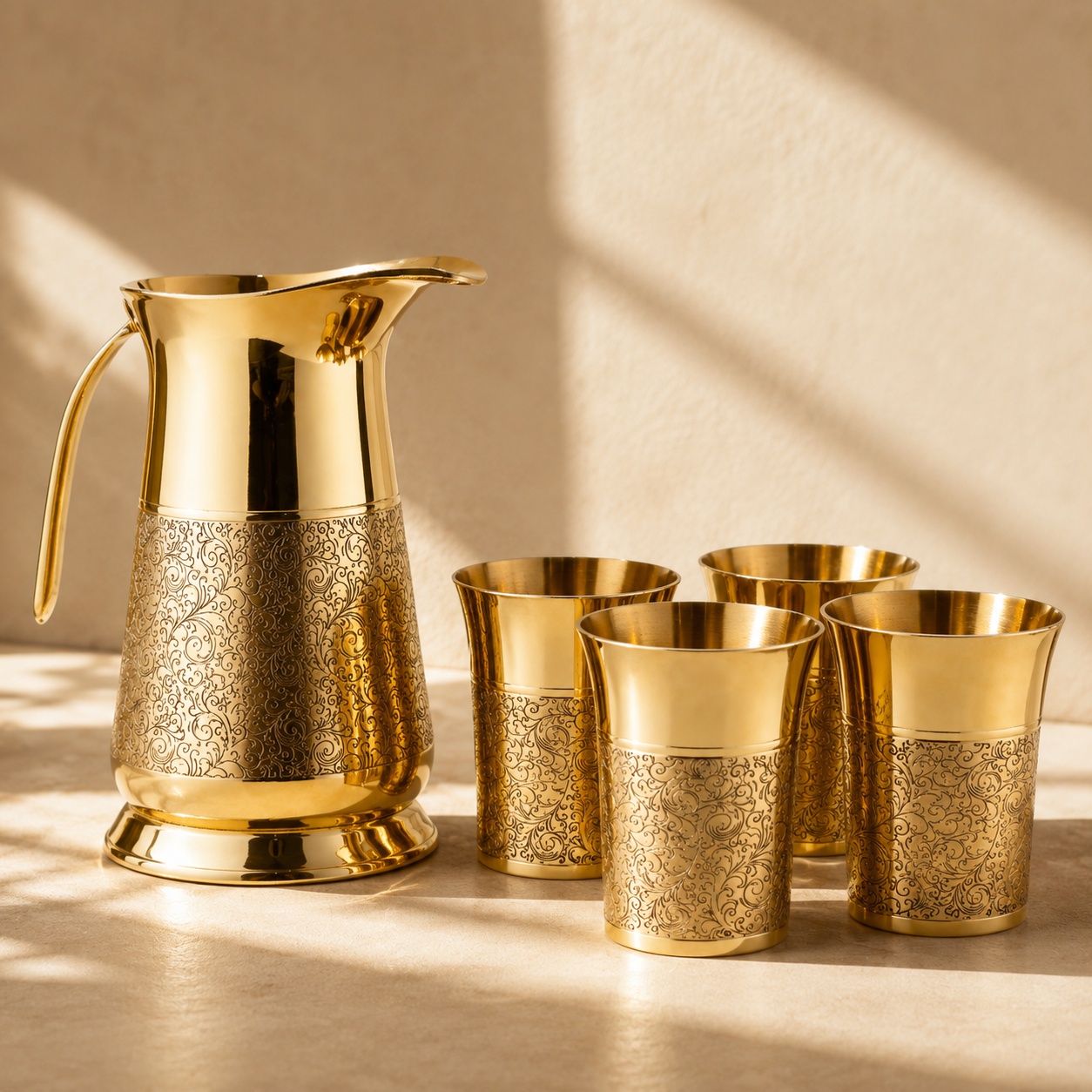 Heritage Hydration Set | Pure Brass Jug & 4 Glasses Set