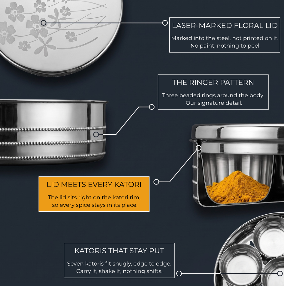 Stainless Steel Masala Box | 7 Deep Katoris, Spill-Proof