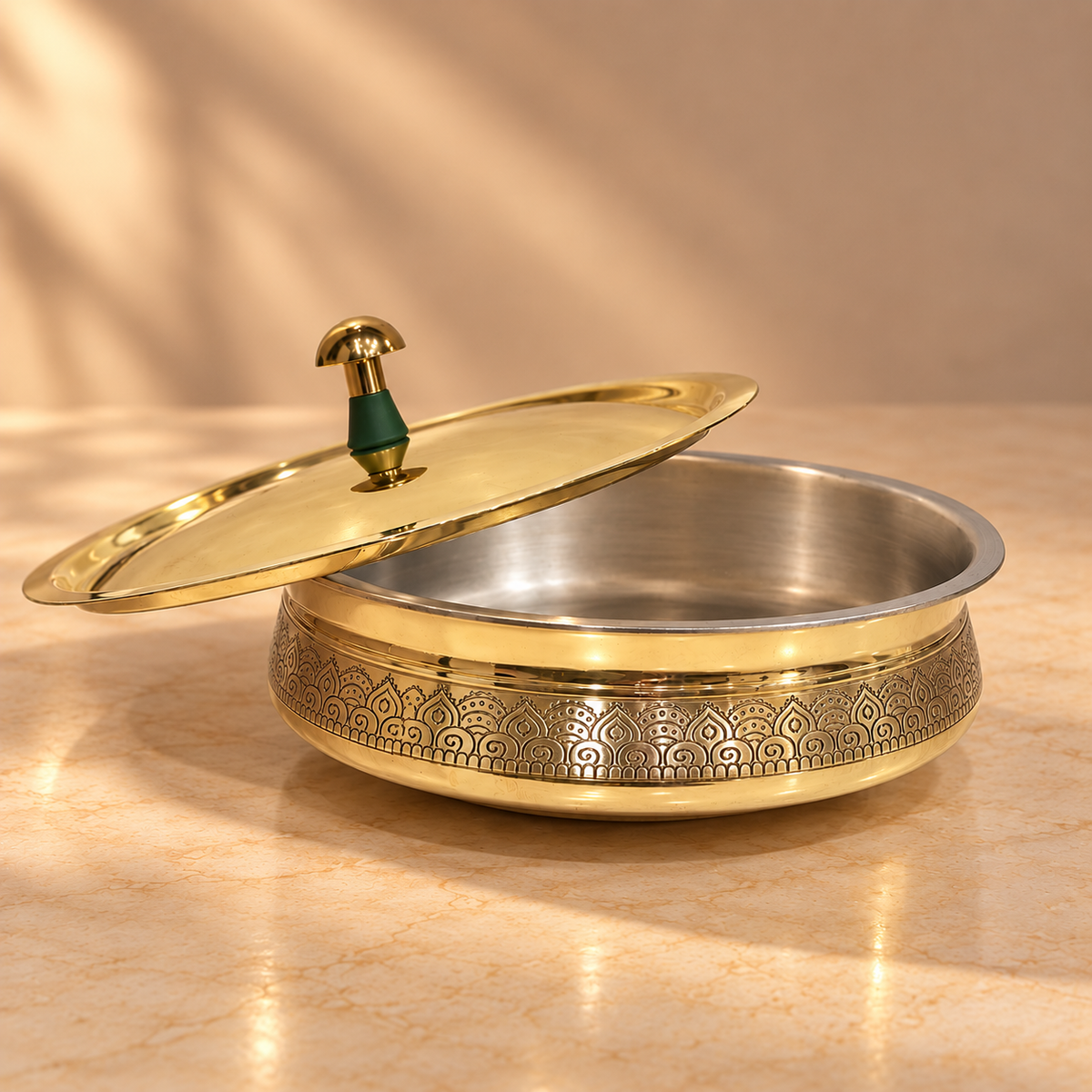 Virasat Brass Lagan with Lid and Kalai | Pure Pital (Peetal) Cookware