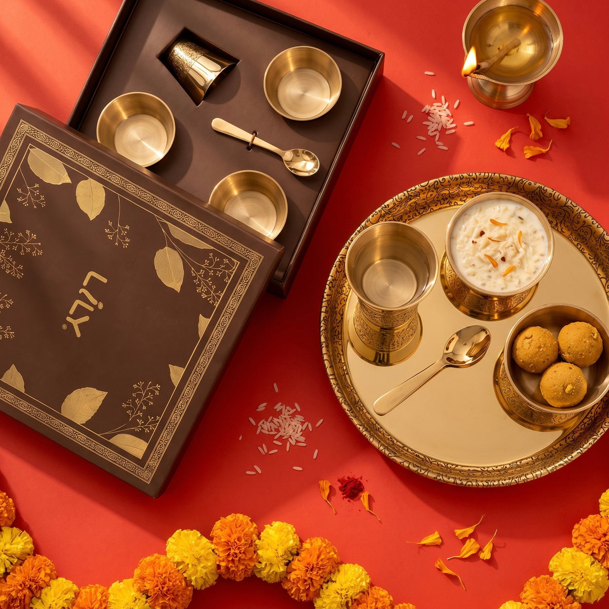 Bhog Set | Brass Baby Bhog & Feeding Set (5 Pcs) | Etched Design