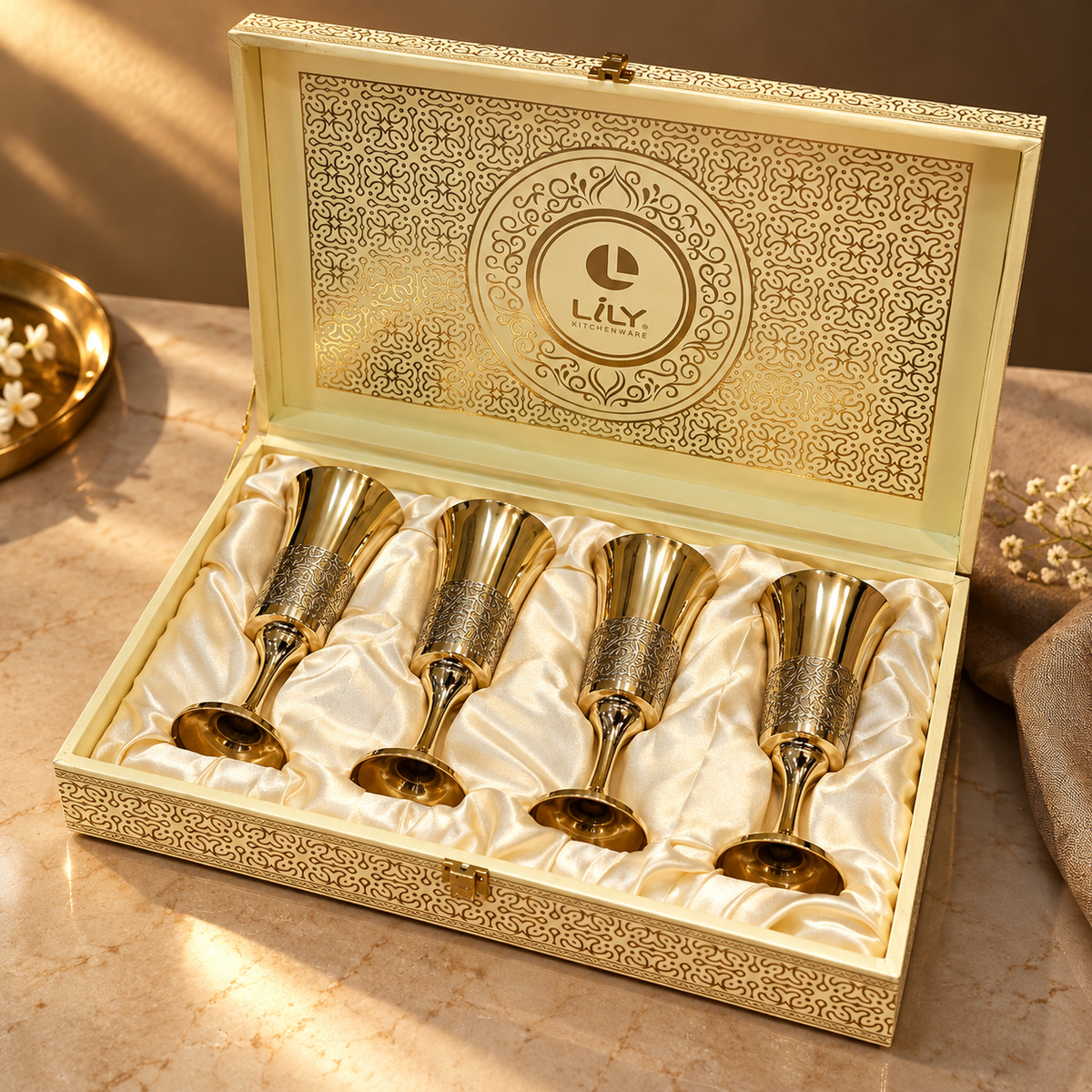 Heritage Flute Glass | Pure Brass (Peetal) with Tin Lining (Kalai) | Set of 4
