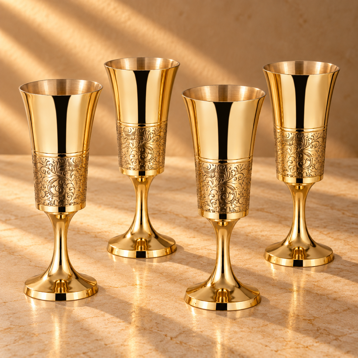 Heritage Flute Glass | Pure Brass (Peetal) with Tin Lining (Kalai) | Set of 4