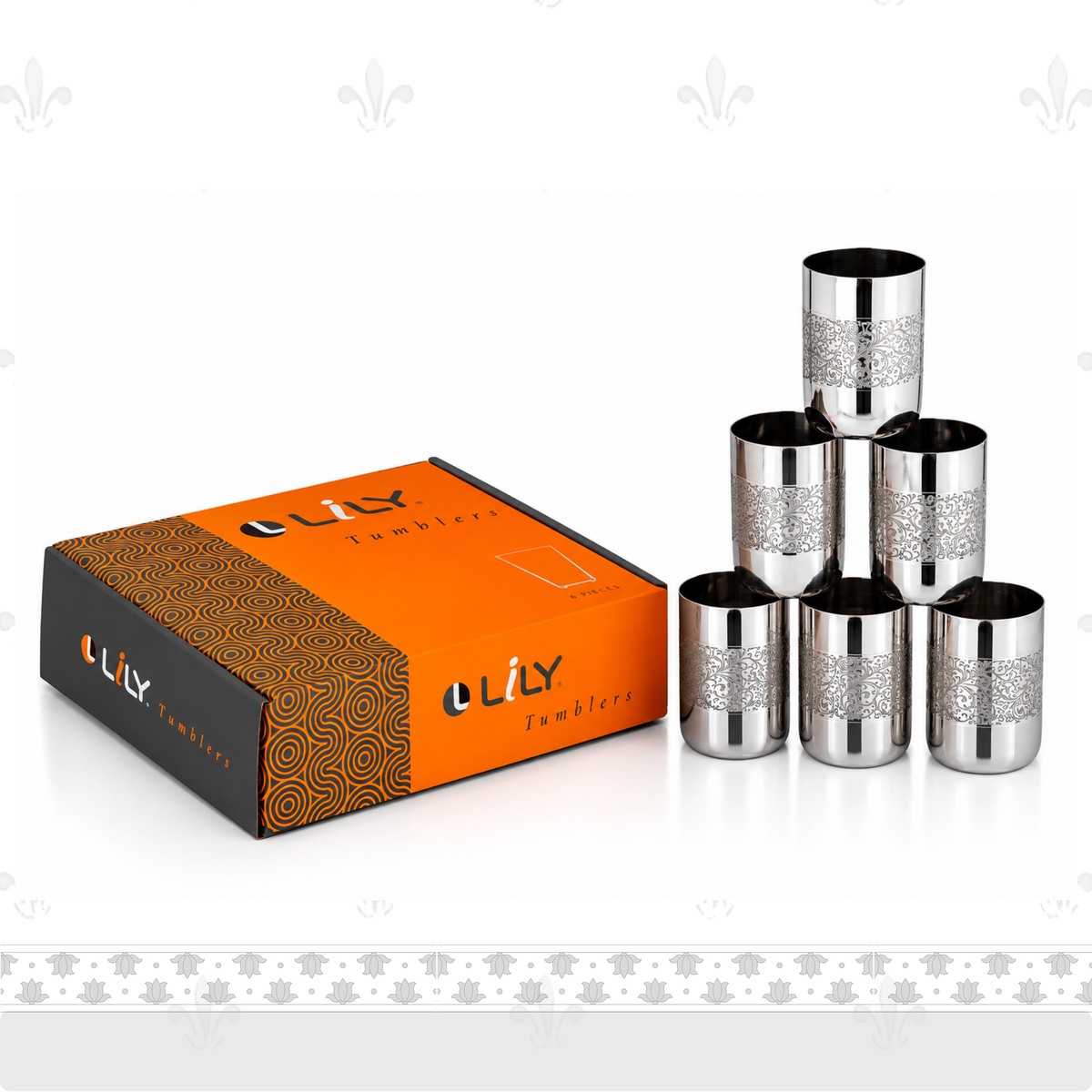 Signature Glass Set | Stainless Steel Glasses, Set of 6 (300ml Each) | Etched Design
