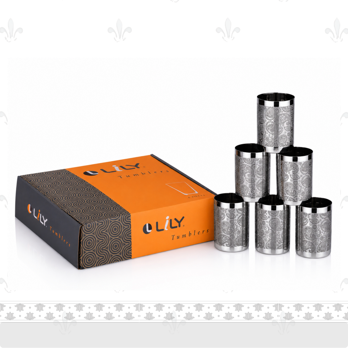 Good Day Glass Set | Stainless Steel Glasses, Set of 6 (300ml Each) | Etched Design