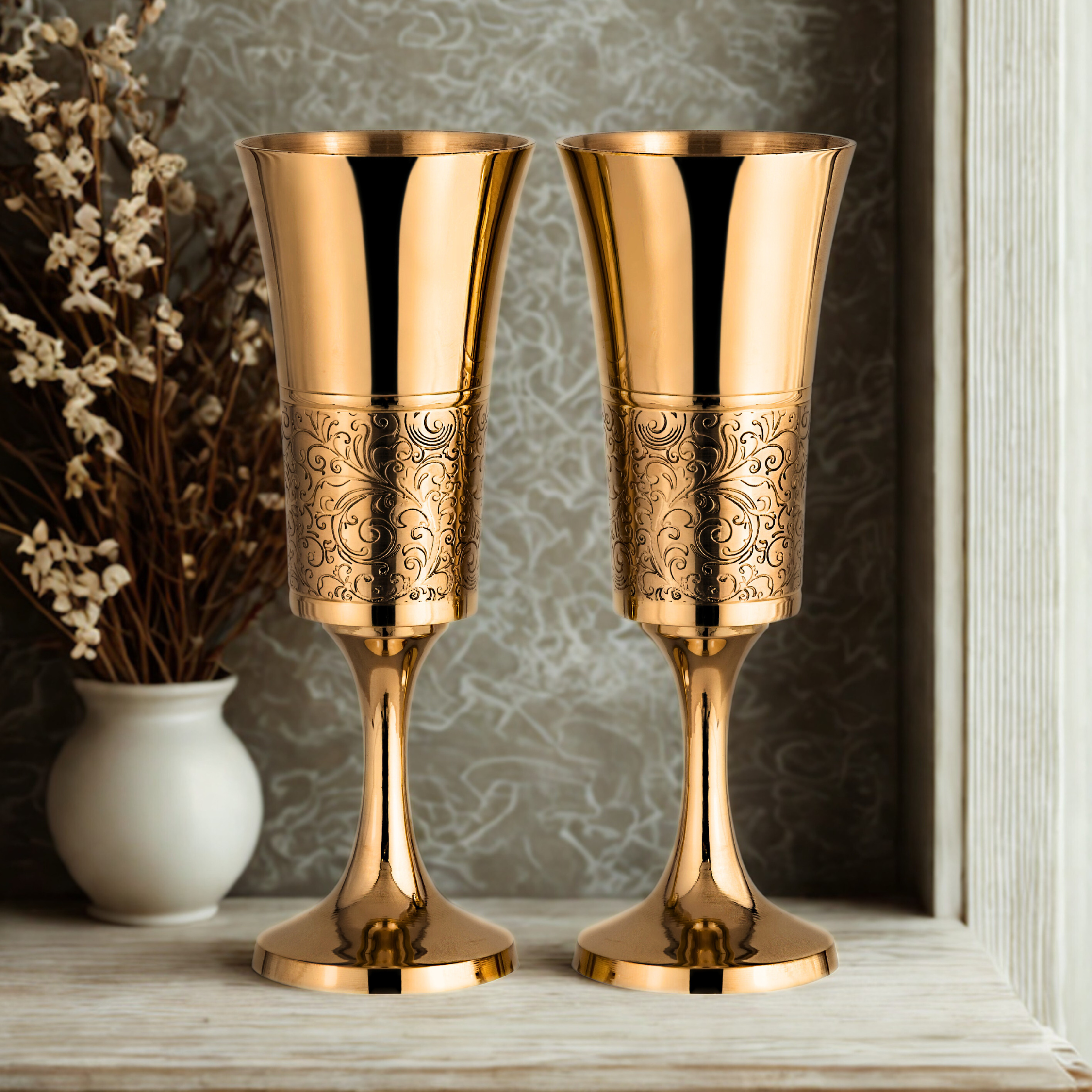 Heritage Flute Glass | Pure Brass with Tin Lining (Kalai) | Set of 2