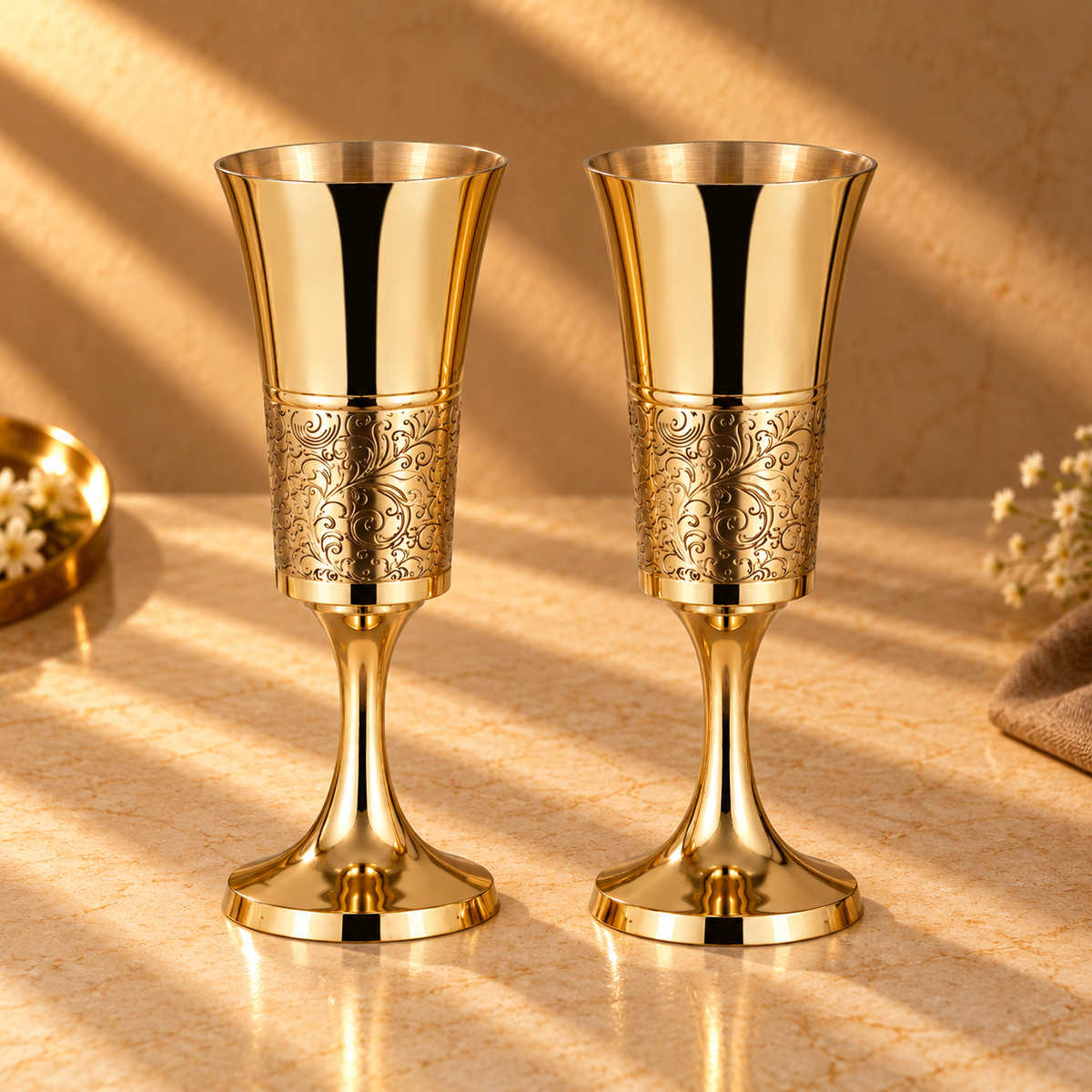 Heritage Flute Glass | Pure Brass (Peetal) with Tin Lining (Kalai) | Set of 2