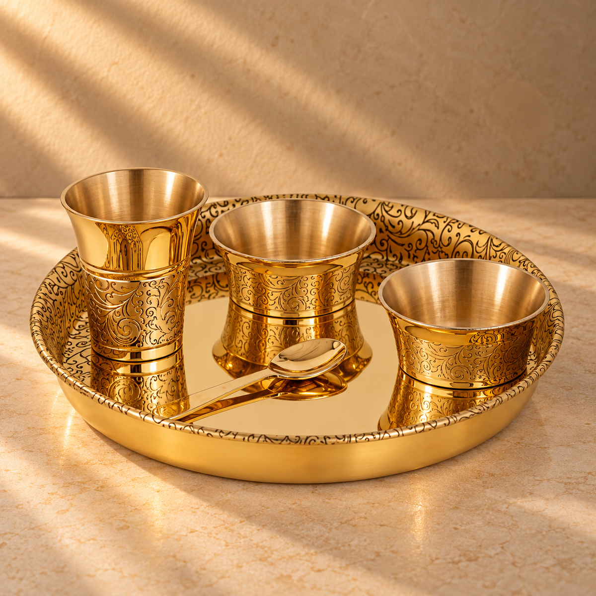 Bhog Set | Brass Baby Bhog & Feeding Set (5 Pcs) | Etched Design