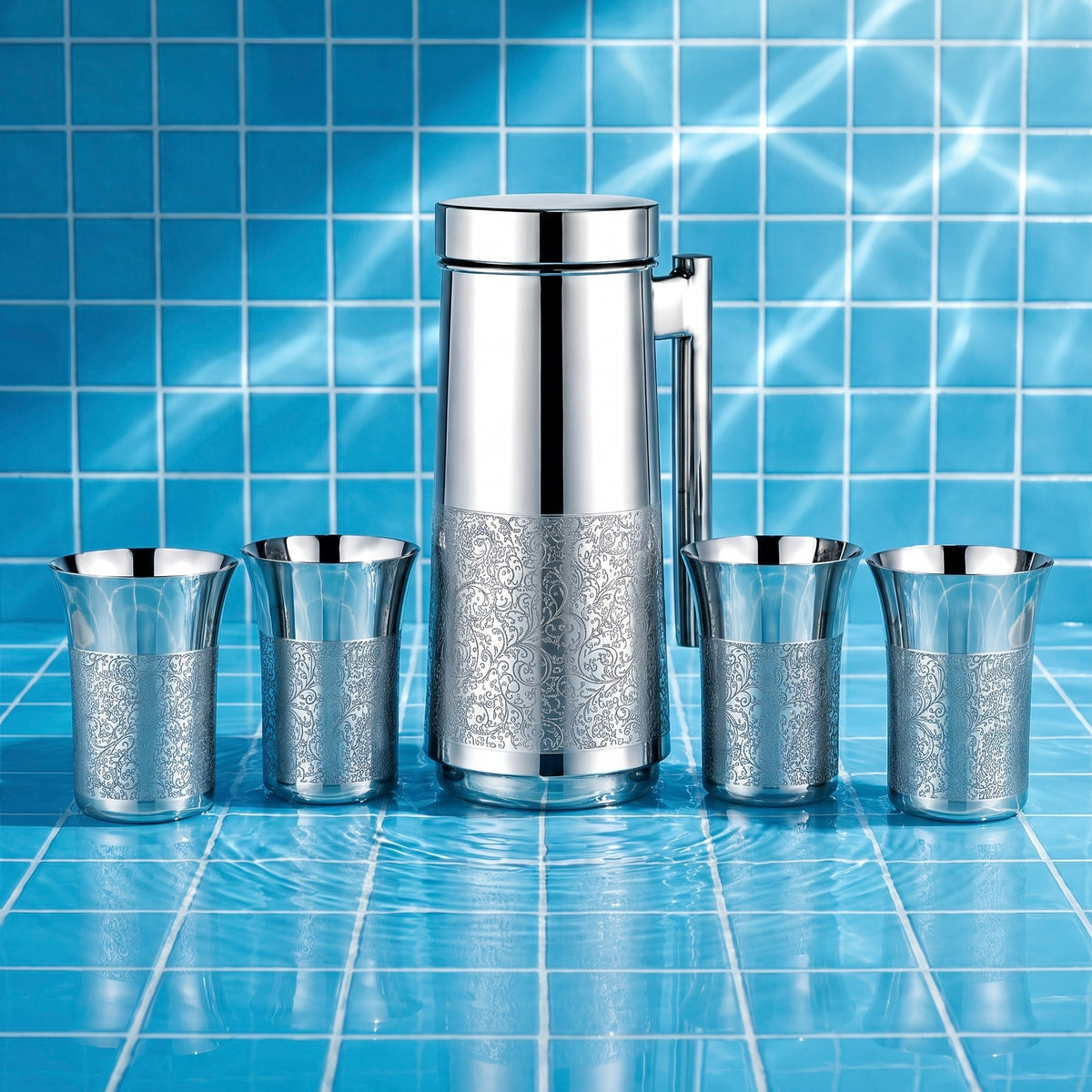 Signature Hydration Set | Stainless Steel Water Jug with 4 Glasses | 1500ml Etched Design